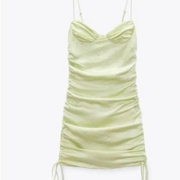 Zara Ruched Bodycon Mini Dress - Size: M - Color: Satin Light Green - Picture 1 of 4